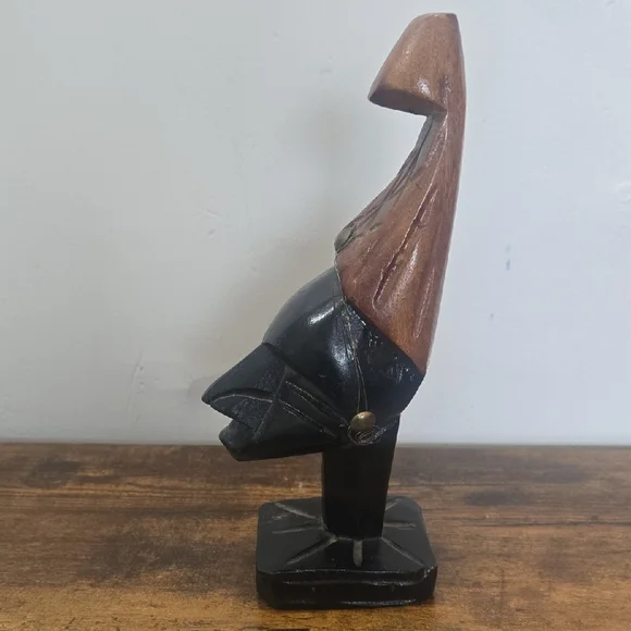 Vintage African Hand-Carved Black and Brown Wooden Tribal Bust Sculpture - Picture 3 of 5